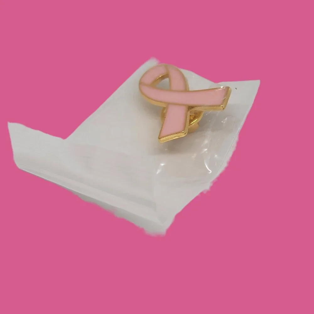 Breast Cancer Awareness Support Ribbon Pin Gold Tone Edging Light Pink Enamel OS